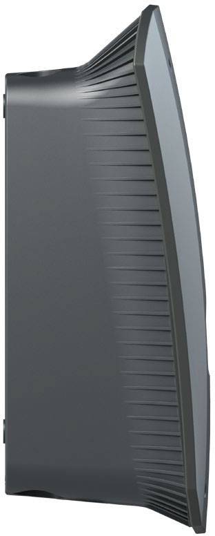 Ein teilweise sichtbares graues elektronisches Gerät mit einem gerippten Lüftungsgittermuster auf der Seite.
