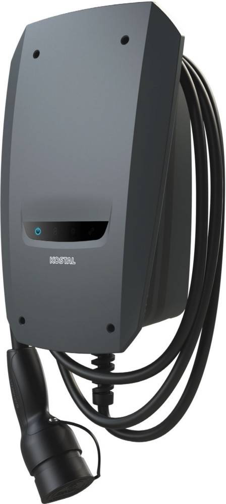 Ein wandmontiertes Elektrofahrzeug-Ladegerät mit schlankem Design, das den Markennamen 