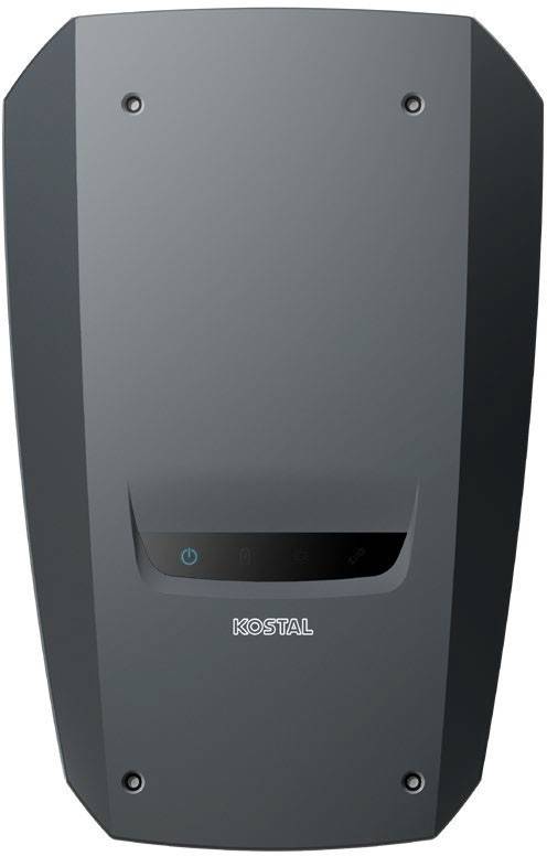 Ein schwarzer Kostal-Wechselrichter mit schlankem, modernem Design und einer sichtbaren Stromtaste auf der Frontplatte, die zur Umwandlung von Solarenergie verwendet wird.
