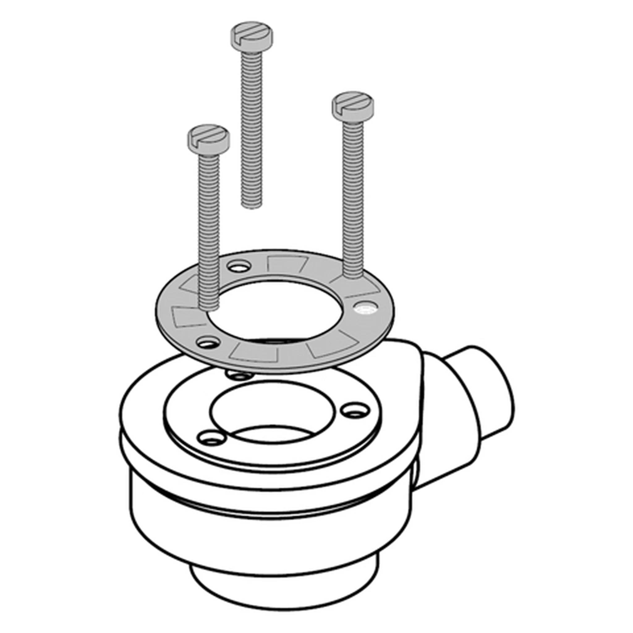 Explodierte Ansicht eines kreisförmigen mechanischen Teils mit einem Dichtungsring und drei Schrauben, die darüber positioniert sind und zeigen, wie die Teile zusammengebaut werden.