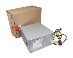 Eine Lenovo-Desktop-Stromversorgungseinheit mit angebrachten Kabeln neben ihrer Kartonschachtel auf weißem Hintergrund.