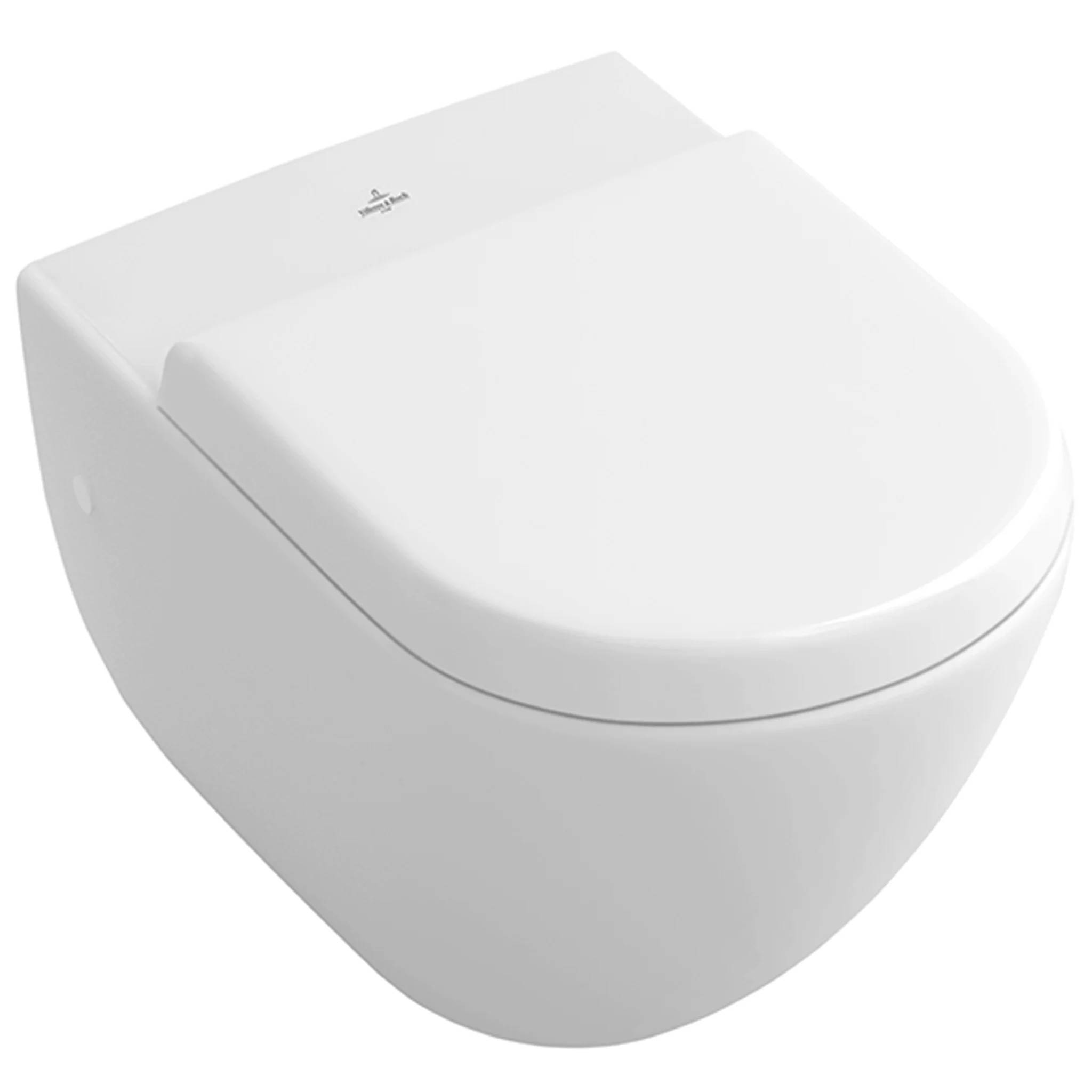 Weißes an der Wand hängendes Toilettenbecken mit geschlossenem Sitz und schlankem, abgerundetem modernem Design auf einfachem Hintergrund.
