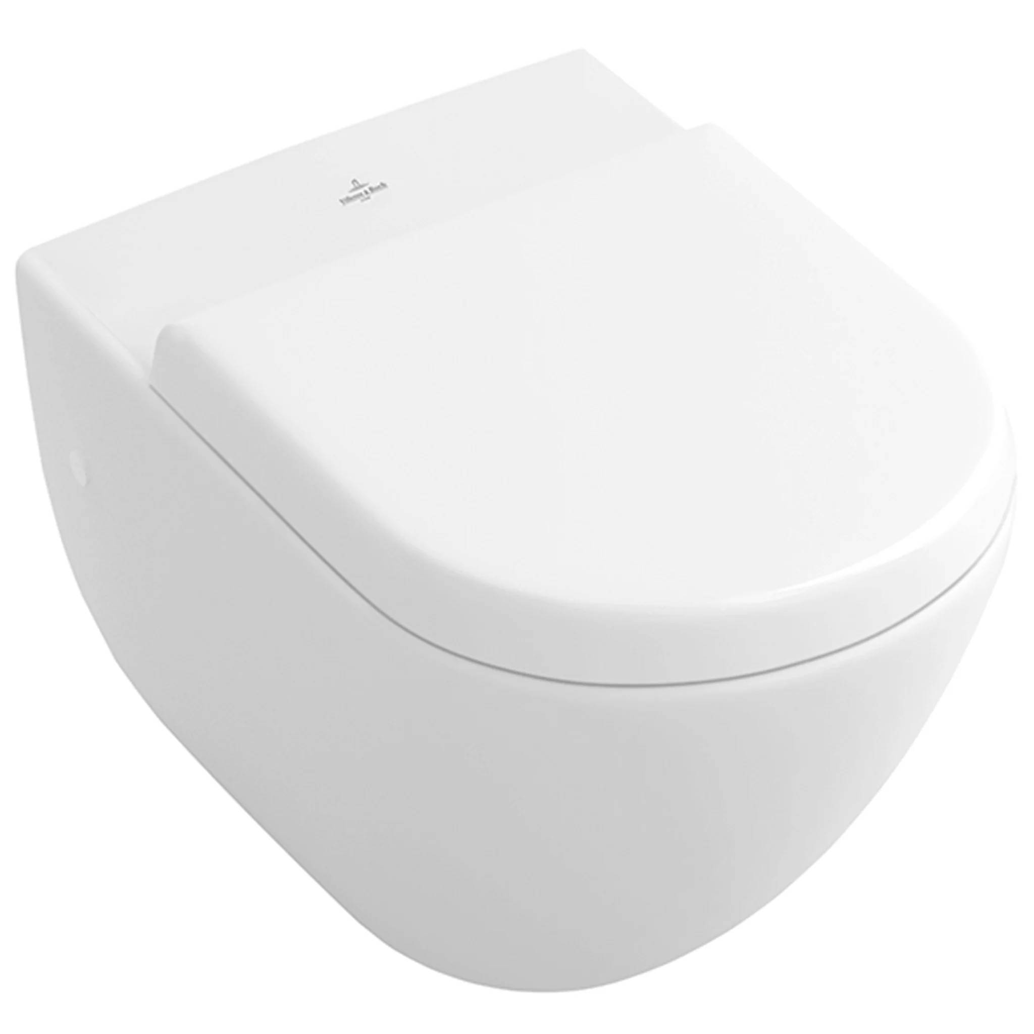 Weiße wandmontierte Toilette mit geschlossenem Sitz und Deckel, dargestellt in einer produktstilisierten Schrägansicht vor neutralem Hintergrund.