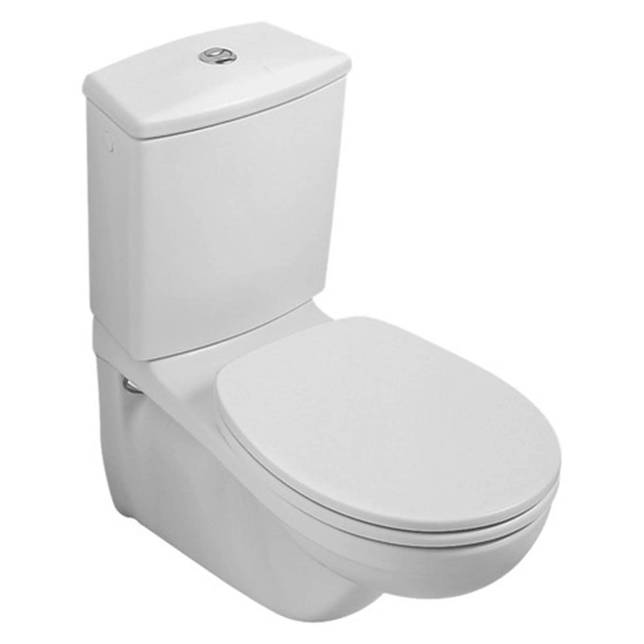 Weiße Toilette mit geschlossenem Deckel und Dual-Flush-Spülkasten, gezeigt vor einem einfachen Hintergrund.