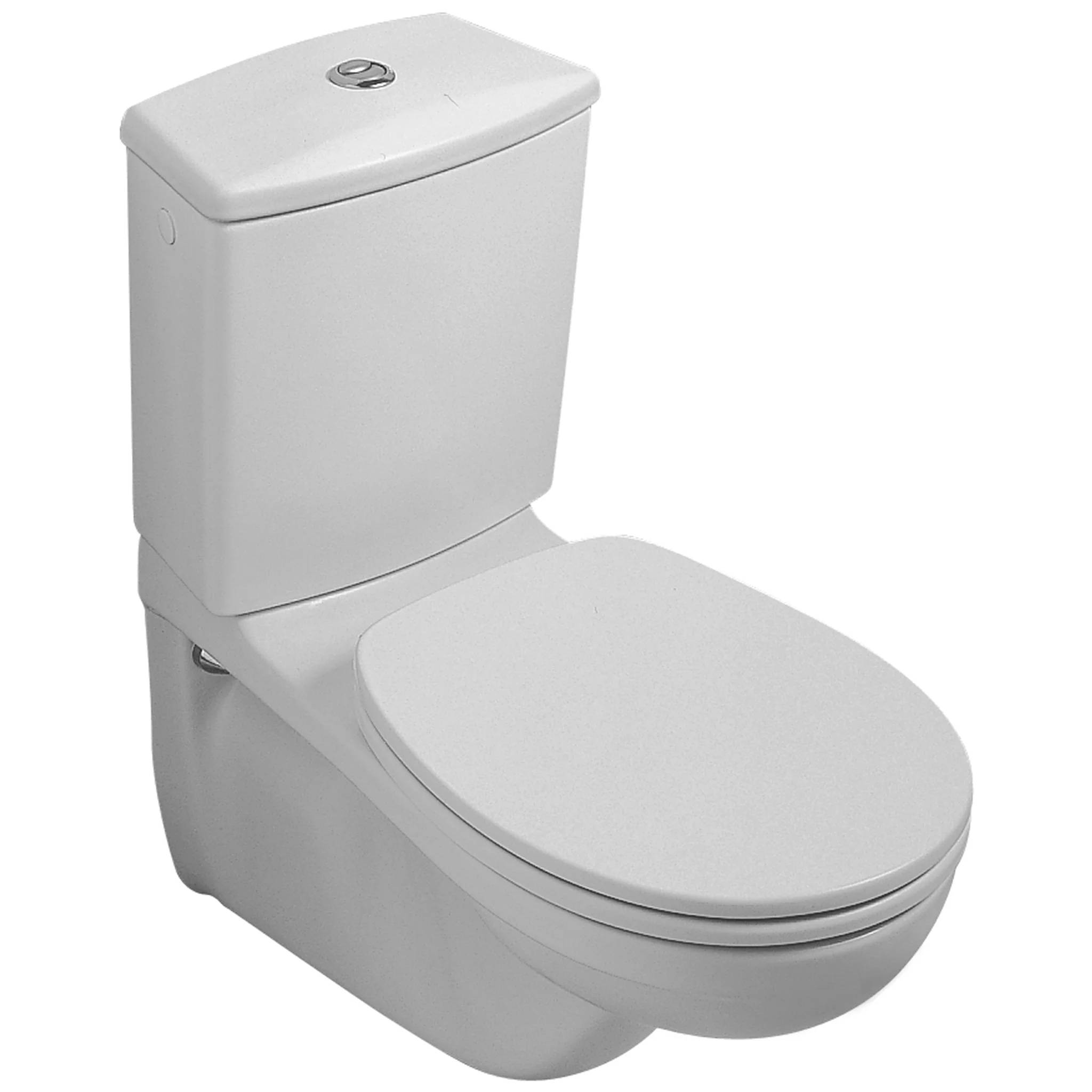 Moderne weiße Toilette aus einem Guss mit geschlossenem Deckel und Doppelspültaste auf dem Spülkasten, vor einem einfachen Hintergrund dargestellt.