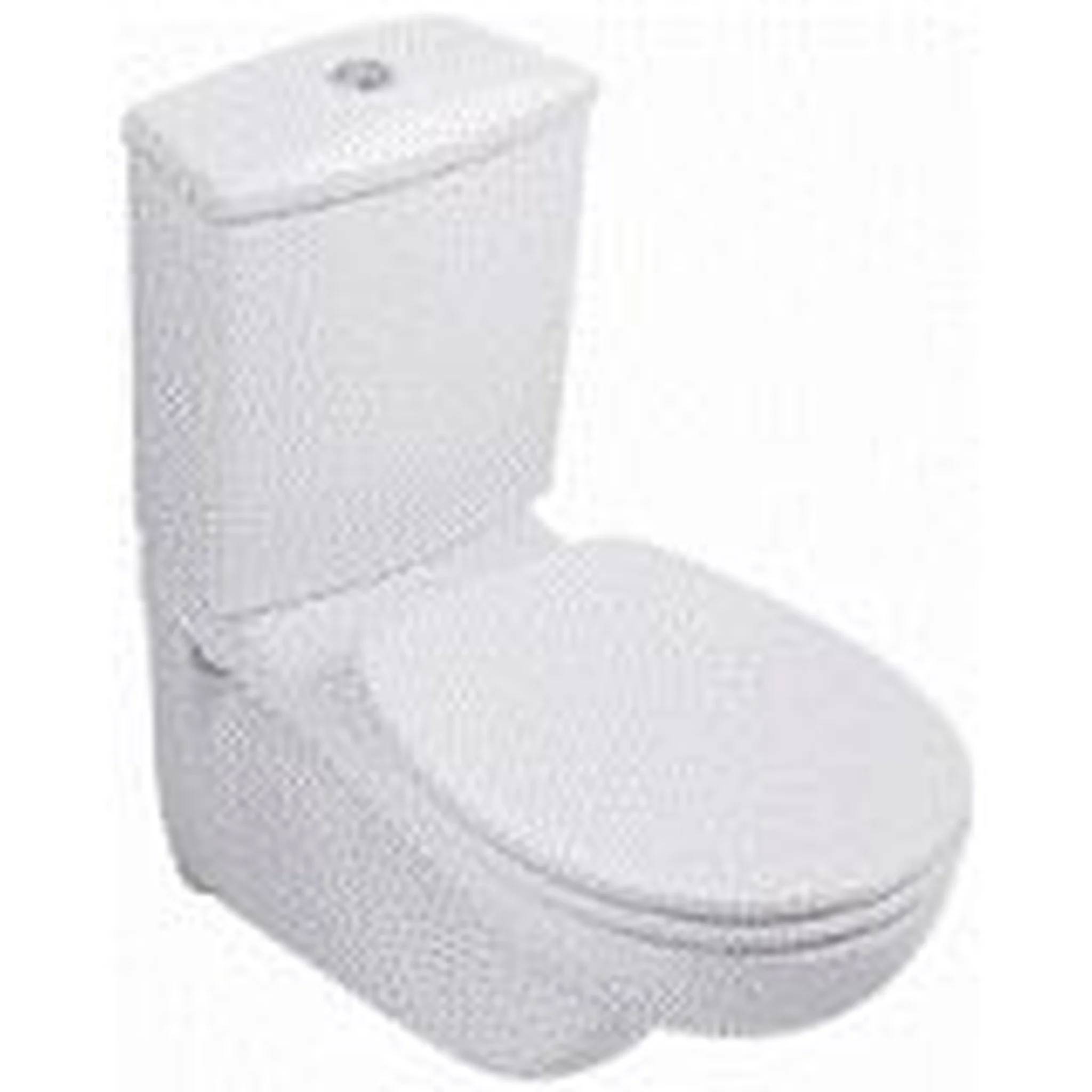 Weiße Keramiktoilette mit Spülkasten und geschlossenem ovalem Sitz, vor einfachem Hintergrund gezeigt.