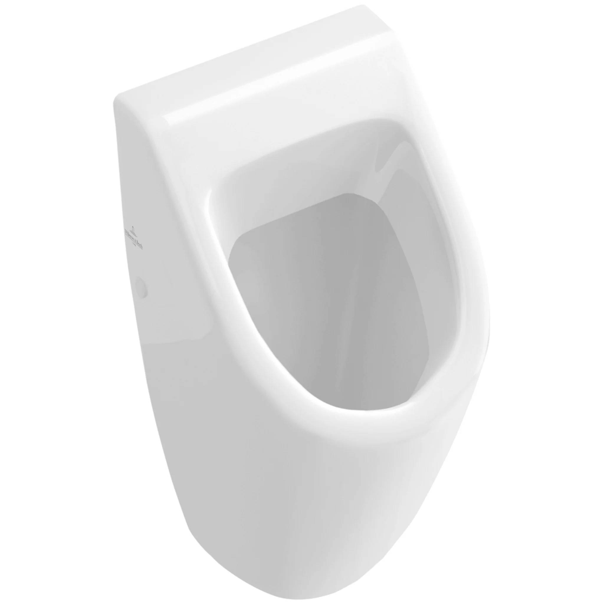 Ein an der Wand montiertes weißes Urinal, das in einer einfachen Produktansicht auf einem schlichten weißen Hintergrund gezeigt wird.