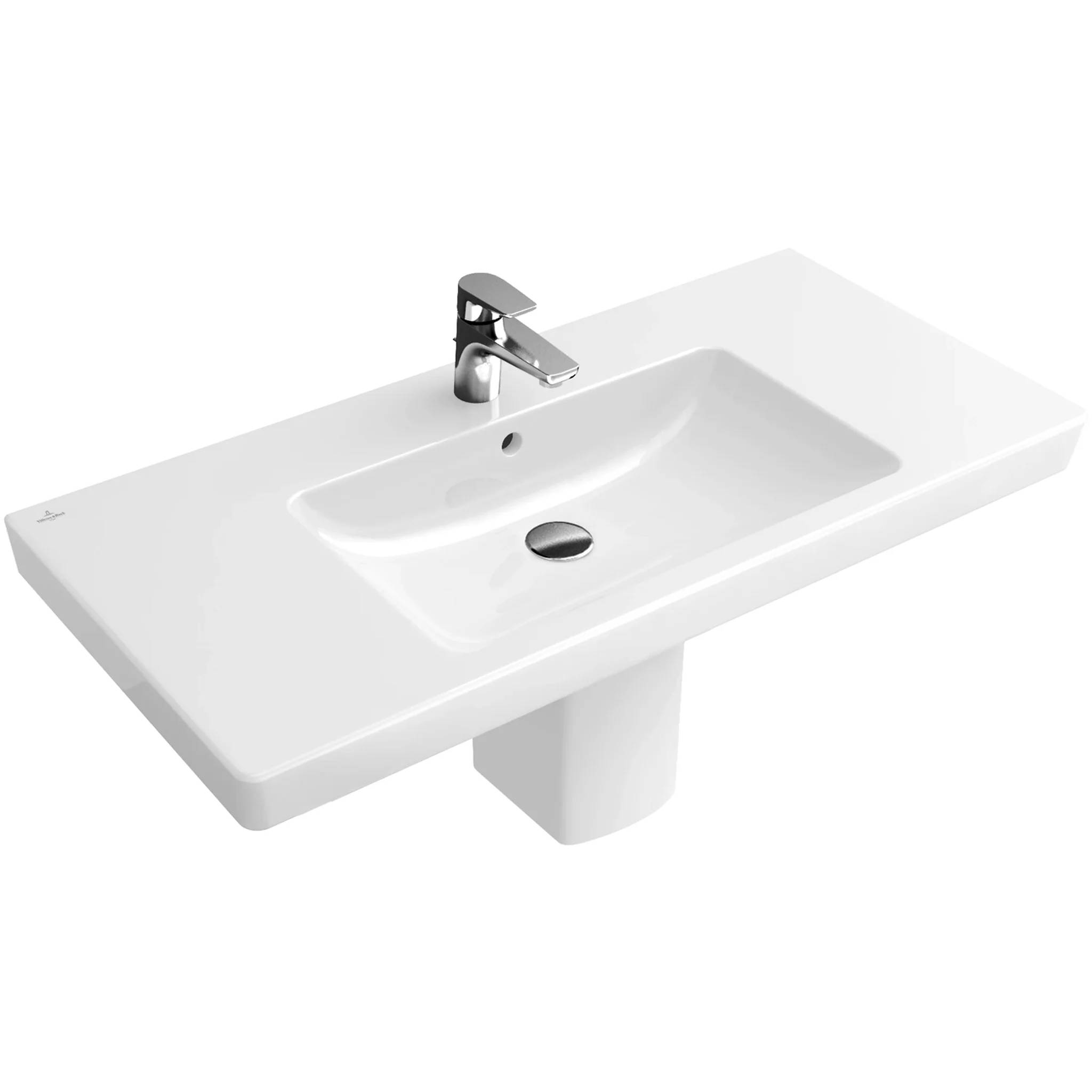 Weißes wandmontiertes Badezimmerbecken mit integriertem Wasserhahn und Überlaufablauf, isoliert auf neutralem Hintergrund.
