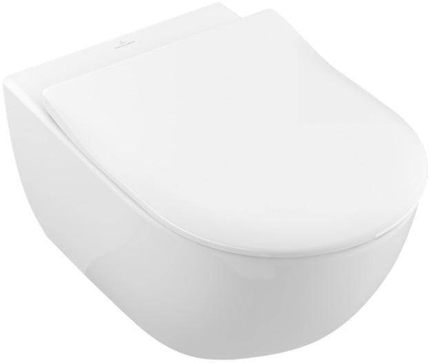Einzel-Kartonverpackung · bestehend aus: Wand-WC tief DirectFlush 5614 R0 XX · Abgang waagerecht · WC-Sitz SlimSeat mit QuickRelease und SoftClosin