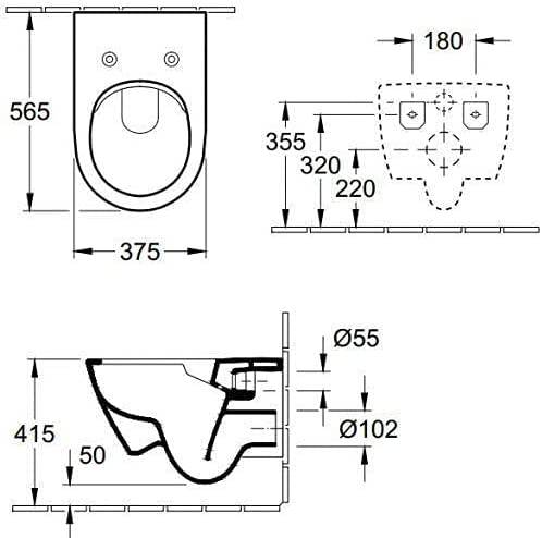 Technische Zeichnung einer wandmontierten Toilette mit Vorder-, Rück- und Seitenansichten, zeigt Abmessungen 565 x 375 mm, 180 mm Breite, 415 mm Höhe und Ø55/Ø102 Anschlüsse.