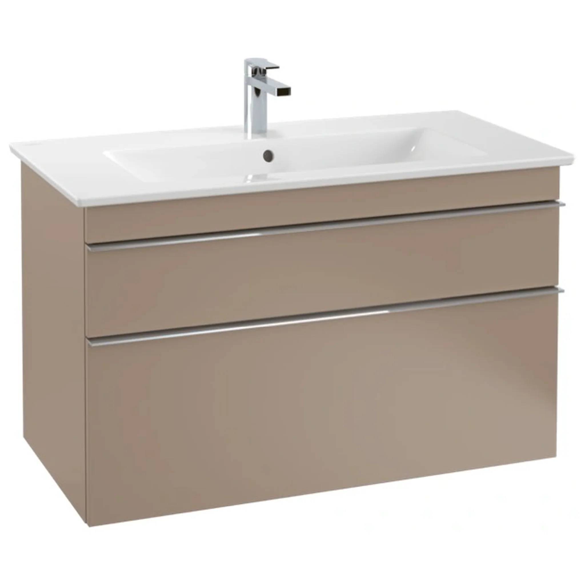 Modernes beiges Badezimmer-Waschtischset mit weißem Waschbecken und Chromarmatur auf einfachem weißem Hintergrund.