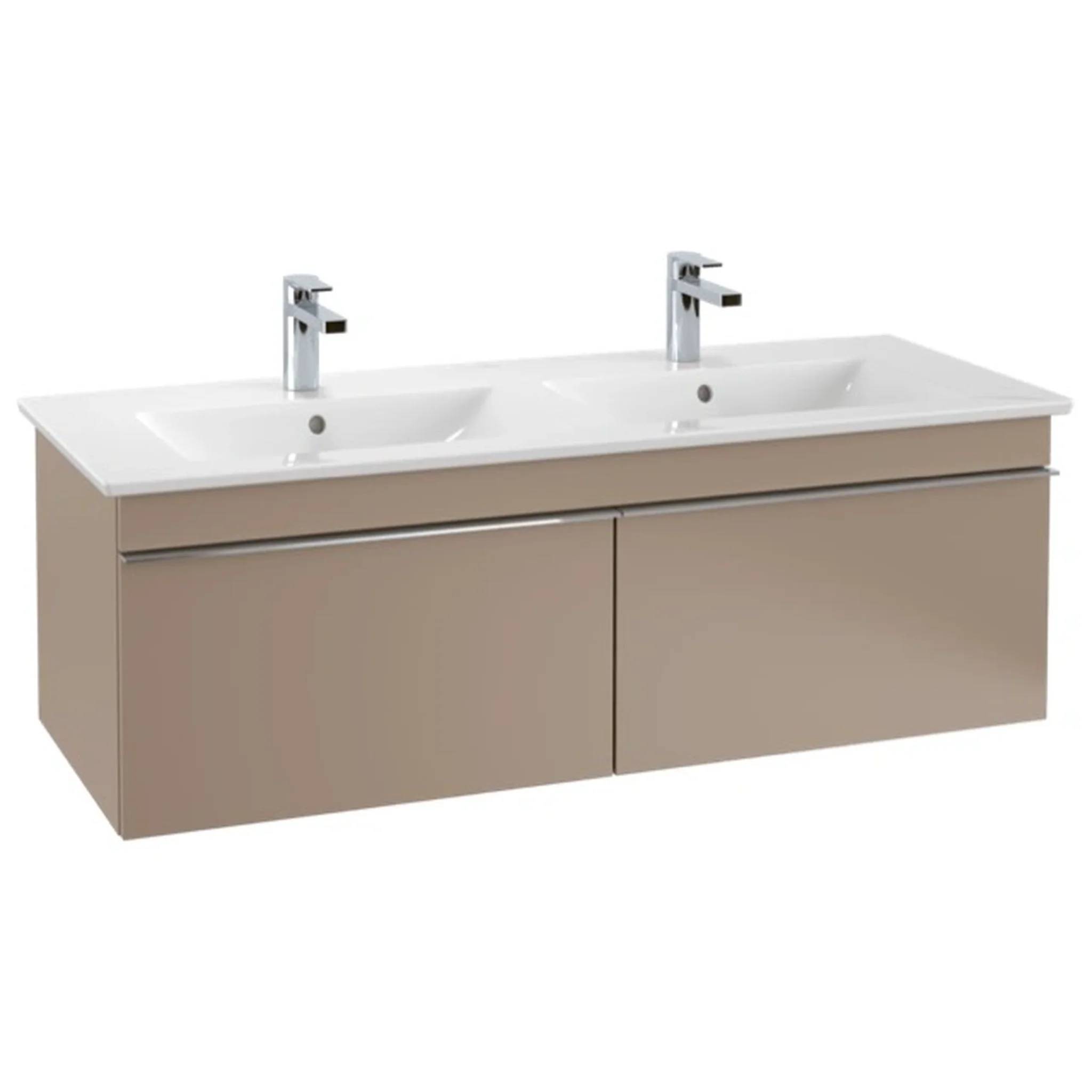 Doppelwaschbecken mit weißer Arbeitsplatte, zwei Waschbecken und beige Schrankunterseite auf weißem Hintergrund.
