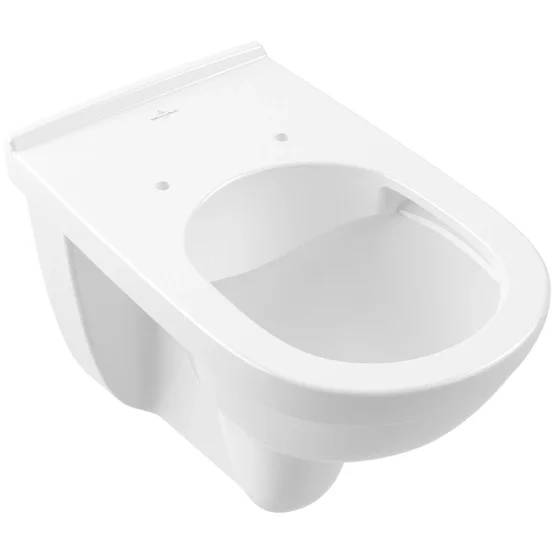 Weißes Keramik-Wandtoilettenbecken mit offenem sitzbarer Schüssel, in schrägageansicht von oben auf einfachem Hintergrund dargestellt