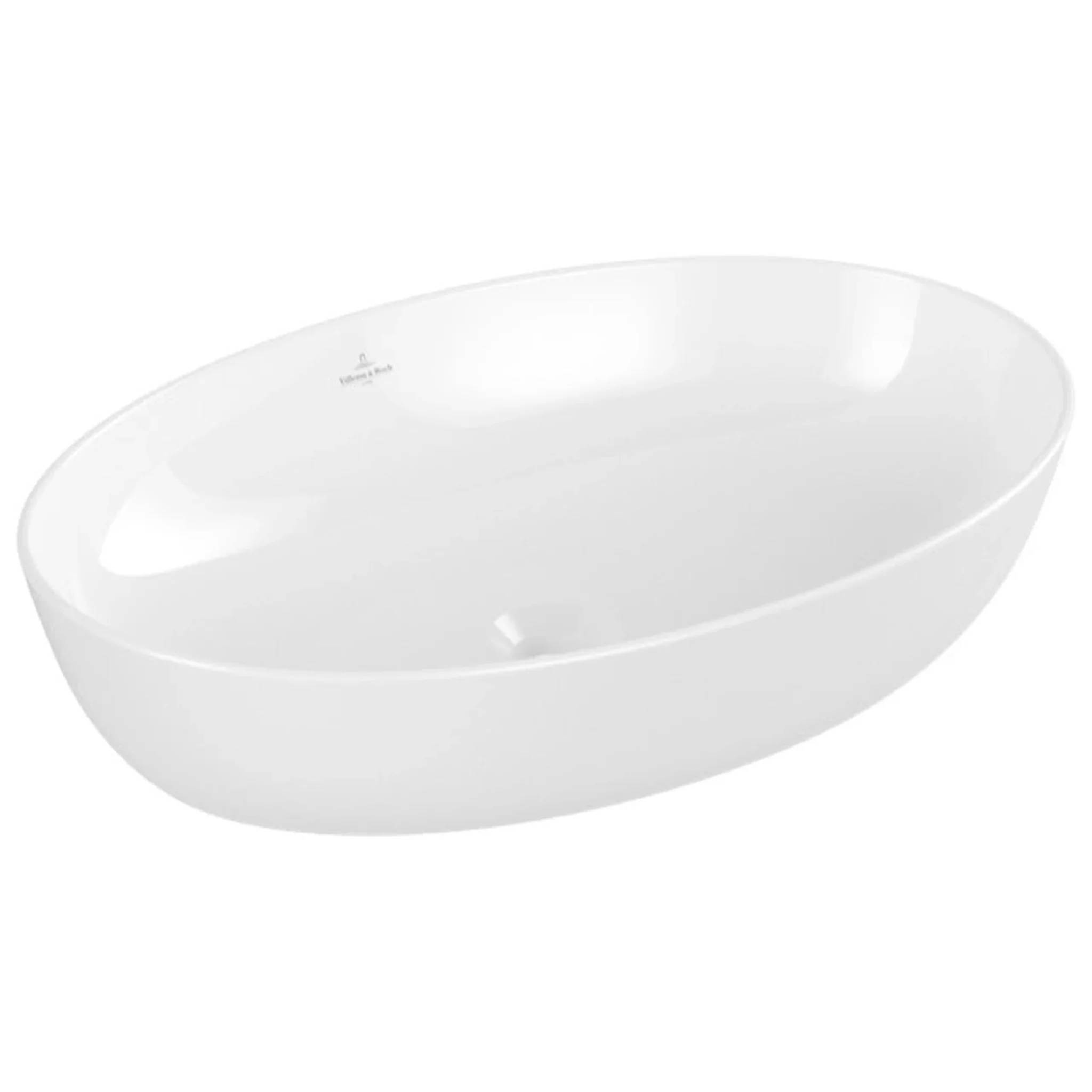 Weiße ovale freistehende Badewanne auf einfachem Hintergrund, in Seitenansicht dargestellt.