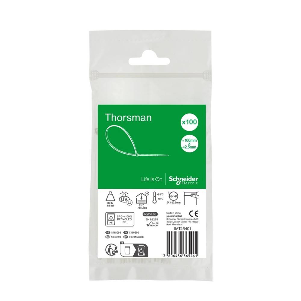Packung mit Kabelanbindern von Schneider Electric Thorsman, 100 Stück, 100mm x 2,5mm, in einer weiß-grünen Tüte präsentiert.