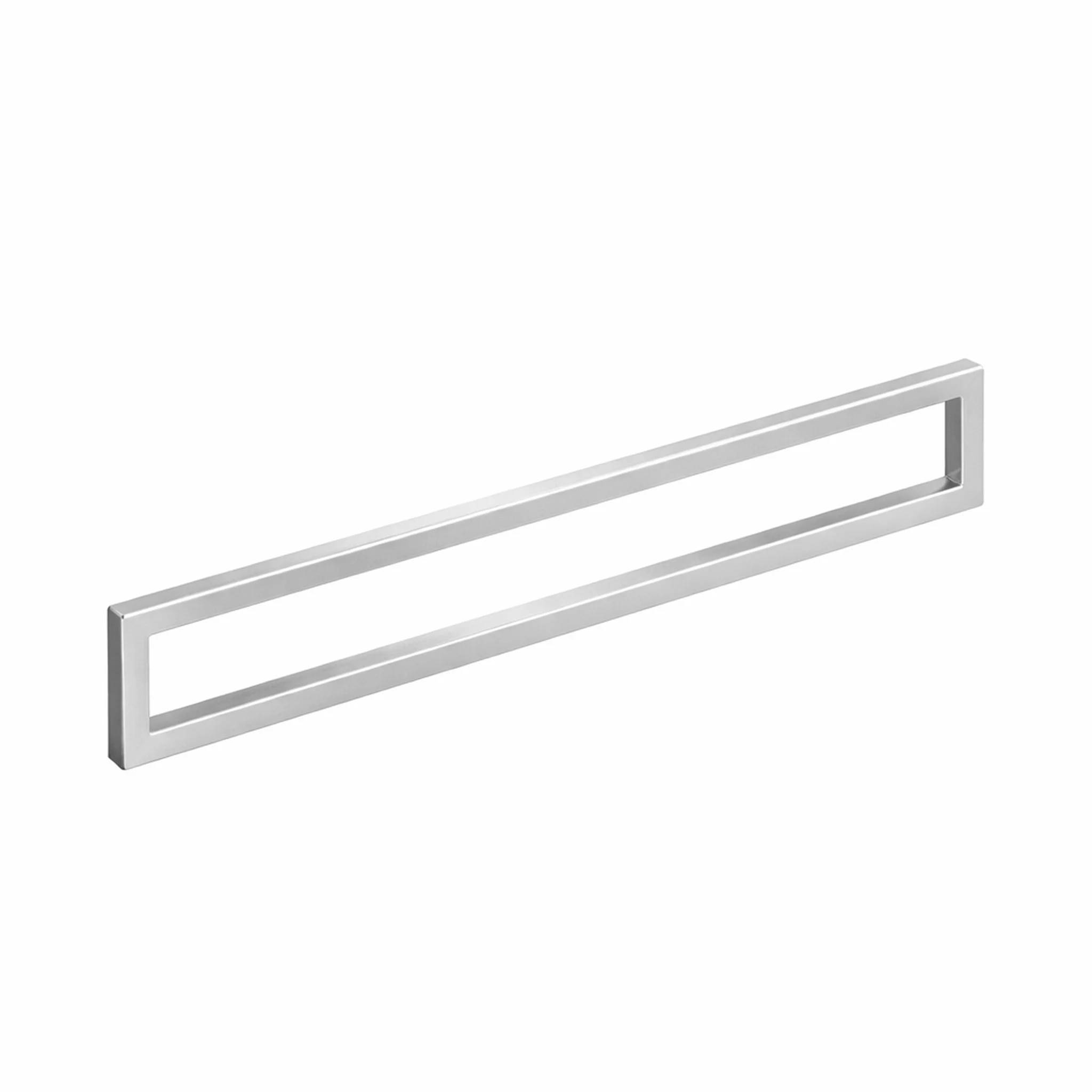 Ein langer silberner rechteckiger Metallgriff oder Rahmen, gezeigt auf weißem Hintergrund.