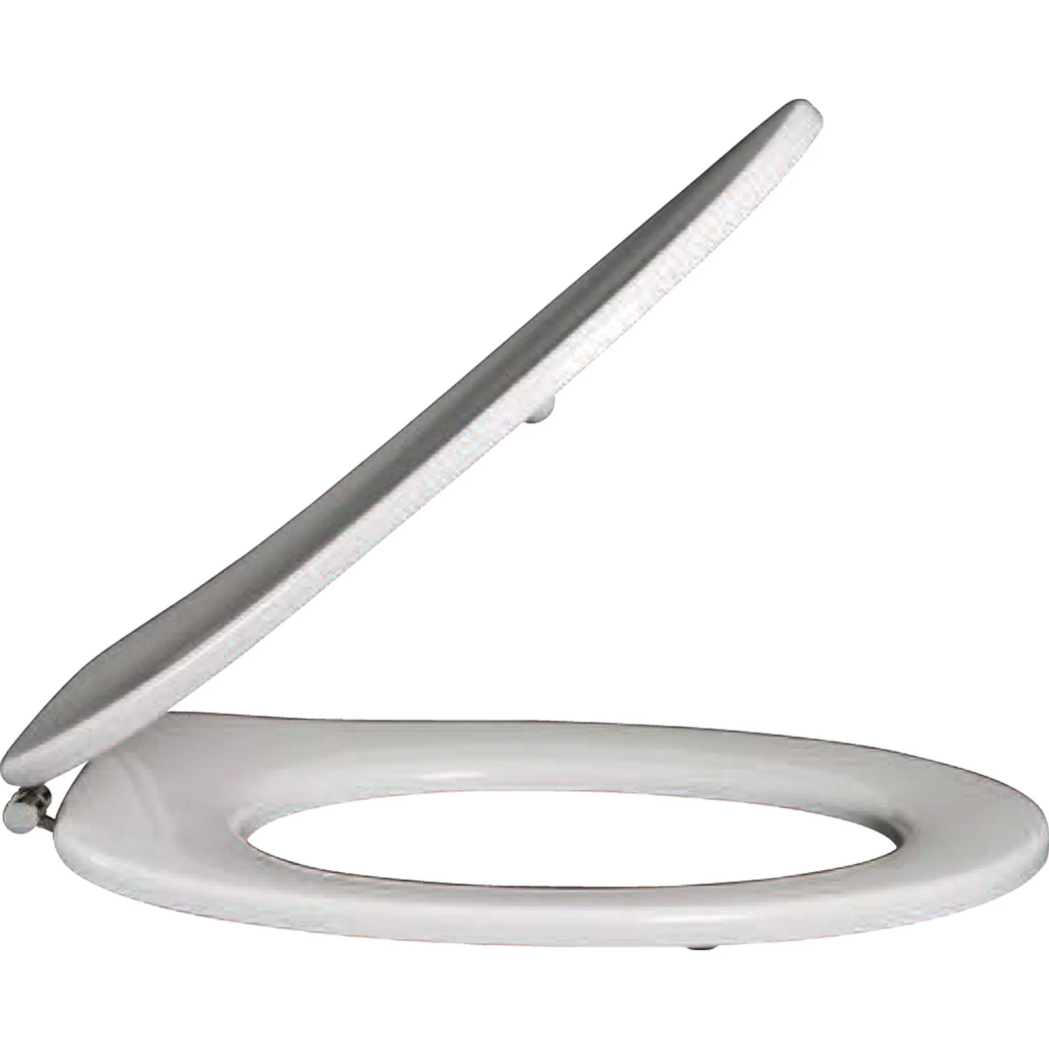Weiße Toilettensitzbrille mit geöffnetem Deckel, shown in Seitenansicht auf einem schlichten Hintergrund.