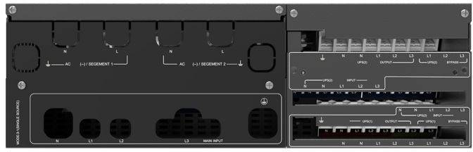 Rückansicht eines elektronischen Geräts mit Eingabe- und Ausgabeanschlüssen, beschriftet mit AC, Segment 2 und Haupteingang. Schwarzes Metallgehäuse.