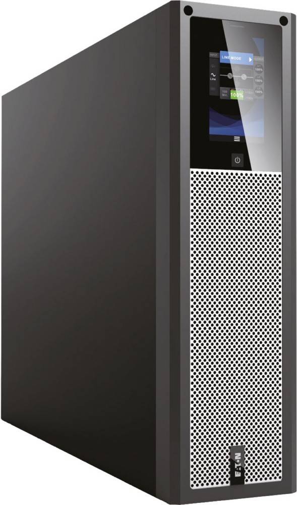 Ein schlanker, moderner Server-Tower mit einer perforierten Platte auf der rechten Seite und einem kleinen digitalen Display oben, das ein Power-Button-Symbol zeigt.