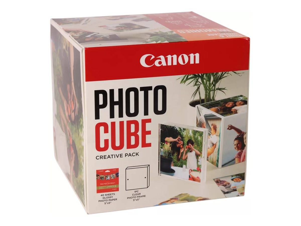 Canon Photo Cube Creative Pack Box mit Photo Cube-Beispielen und Bildblättern, die auf der Verpackung dargestellt sind.