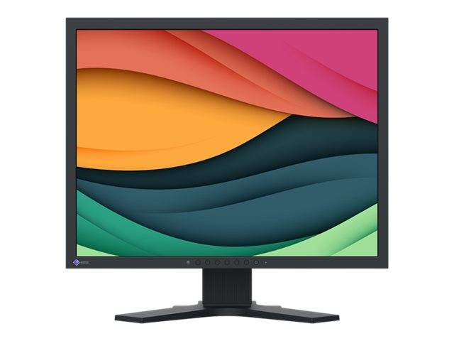 Ein Flachbildschirm-Monitor mit einem farbenfrohen abstrakten Wellen-Hintergrundbild auf einem Ständer vor weißem Hintergrund.
