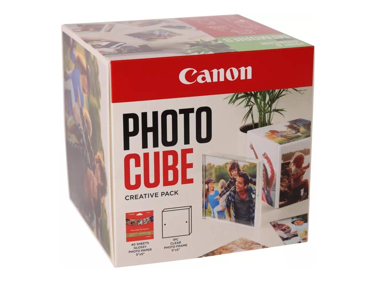 Canon Foto-Würfel Kreativ-Paket Box mit gedruckten Muster-Fotowürfeln und Verpackungsdetails.