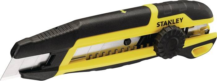 Ein gelb-schwarzes Utility-Messer mit einziehbarer Klinge, das häufig zum Schneiden von Papier, Karton oder anderen Materialien verwendet wird.