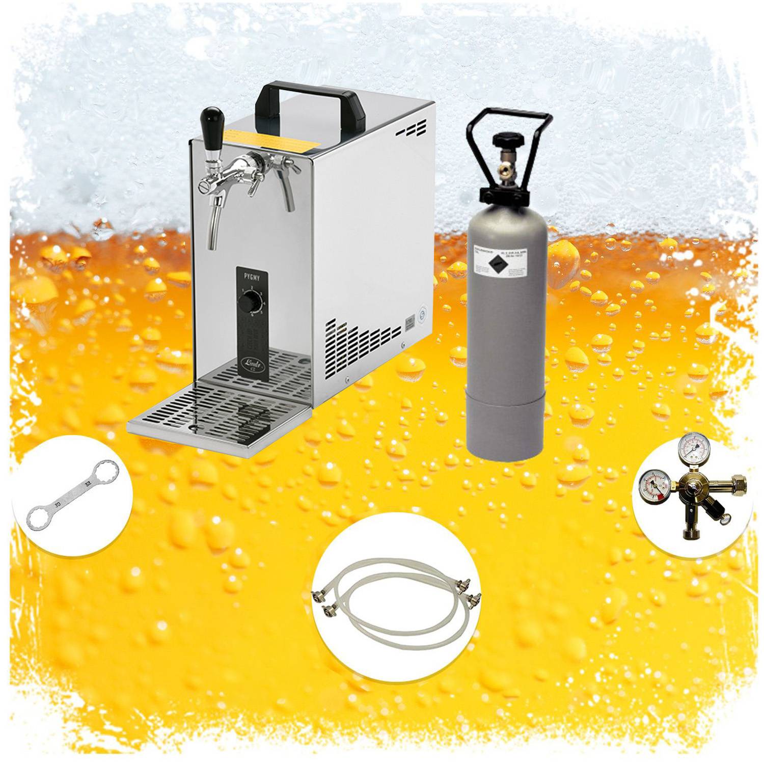 Komplett Set - Zapfanlage, Bierzapfanlage, Bierkoffer, Durchlaufkühler PYGMY 25 LE, 1-leitig Trockenkühler, 30 Liter/h, Green Line, Zapfkopf: ohne