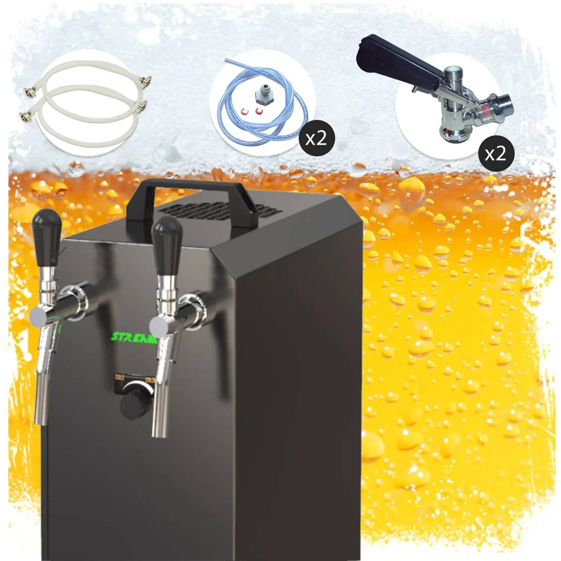 Schwarzer Dual-Tap-Bierausschank mit den abgebildeten Zubehörteilen: Schlauchspule, Schlauch x2 und Zapfhähne x2.