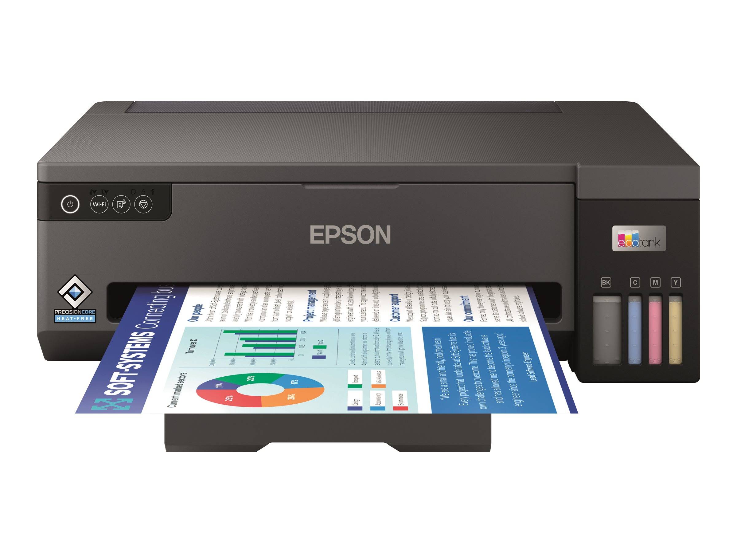 Schwarzer Epson-Tintenstrahldrucker druckt ein Farbdokument, wobei sichtbare Tintentanks auf der rechten Seite zu sehen sind.