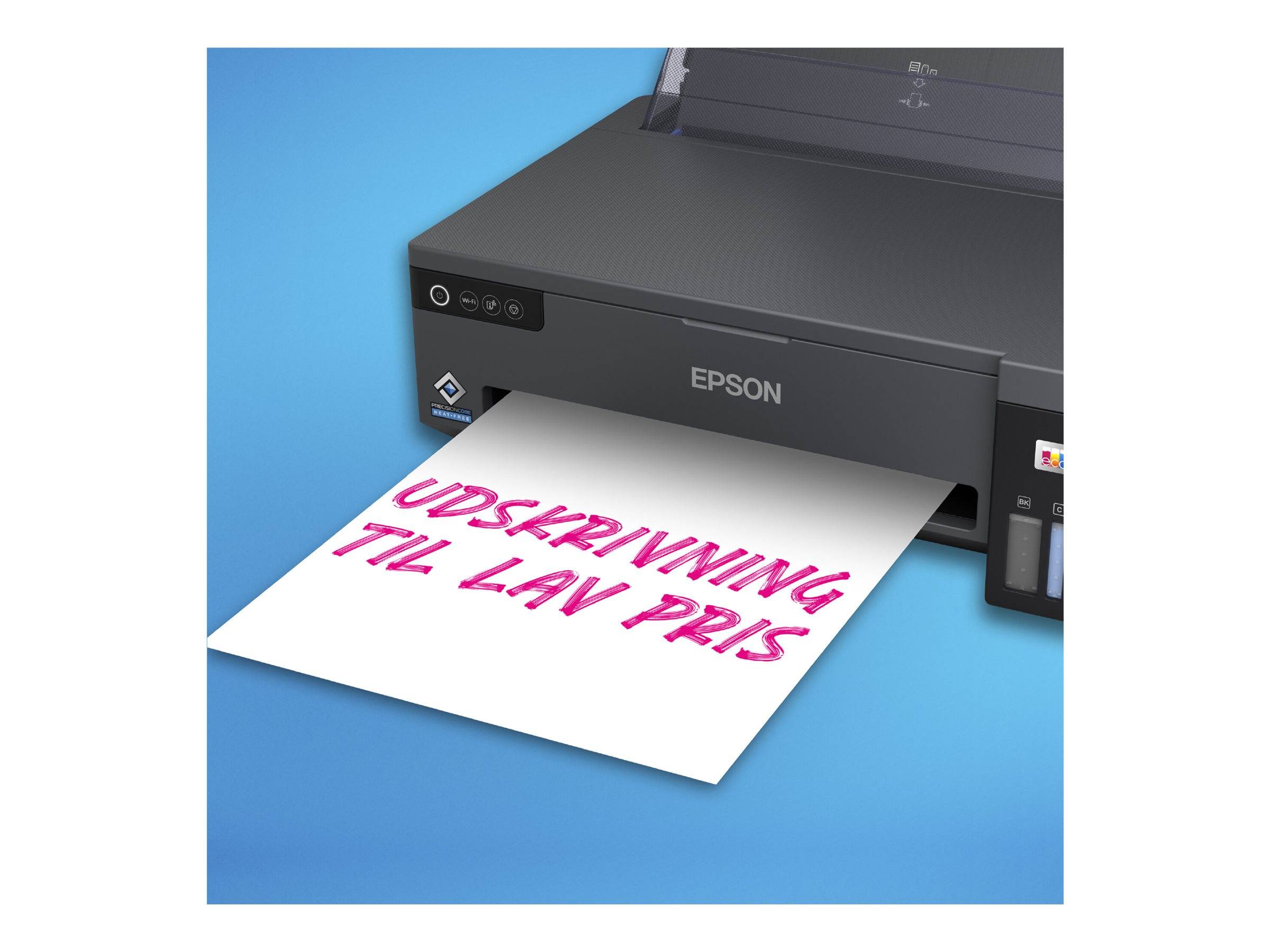 Epson-Drucker druckt ein Blatt mit großem rosa Text, auf dem 