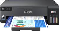 Epson-Drucker druckt ein Farbdokument mit Diagrammen und Grafiken, wobei Tintenkanister auf der rechten Seite angezeigt werden.