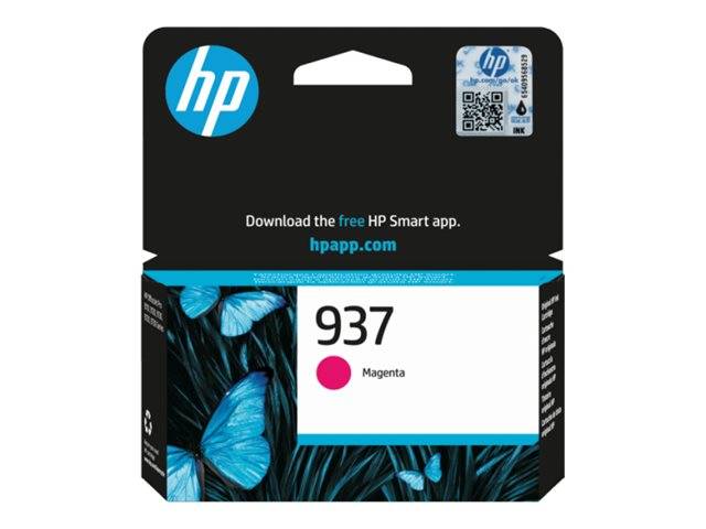 HP 937 Tintenpatrone in Magenta mit HP-Logo, Schmetterlings-Kunstwerk und Text „Laden Sie die kostenlose HP Smart-App herunter. hpapp.com"