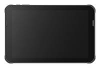 Schwarzes Tablet-Gerät mit leerem Bildschirm und Schutzhülle, in der Vorderansicht gezeigt.