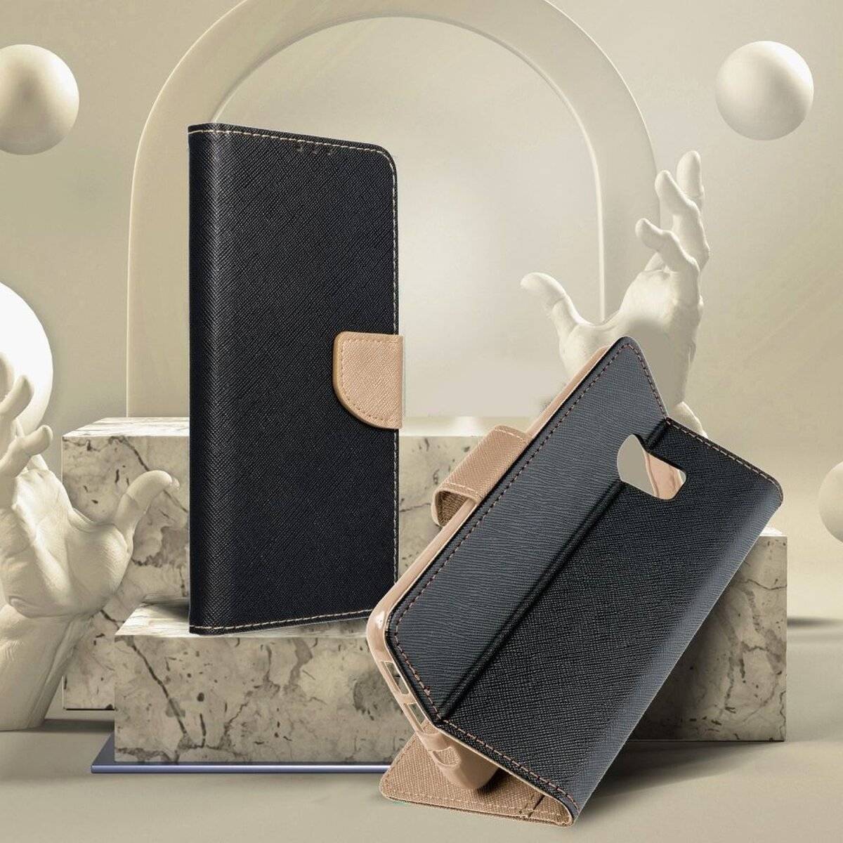 Fancy Buch Holster Tasche kompatibel mit Xiaomi Redmi Note 12s 4G Schwarz-Gold