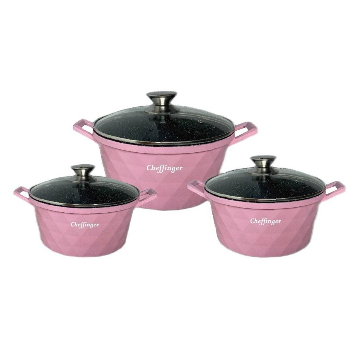 Diamant Kochgeschirr 6 teilig Topf Induktion Alu Guss Kochtopfset Marmor Pink