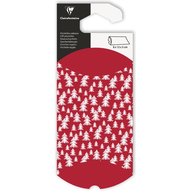 Rote Geschenkbeutel-Verpackung mit weißem Weihnachtsbaumuster, Etikett Clairefontaine, Größe 8 x 12 x 3 cm.