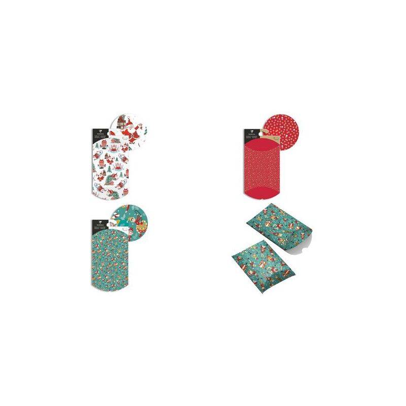 Vier Rollen Weihnachtsgeschenkpapier in verschiedenen Mustern und Farben, dargestellt mit passenden losen Blättern auf weißem Hintergrund.