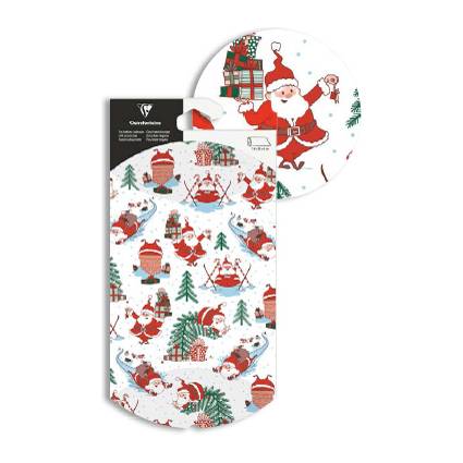 Festive Weihnachtsgeschenkverpackung mit Weihnachtsmannillustrationen auf einem gemusterten Beutel und passendem rundem Tablett oder Teller.