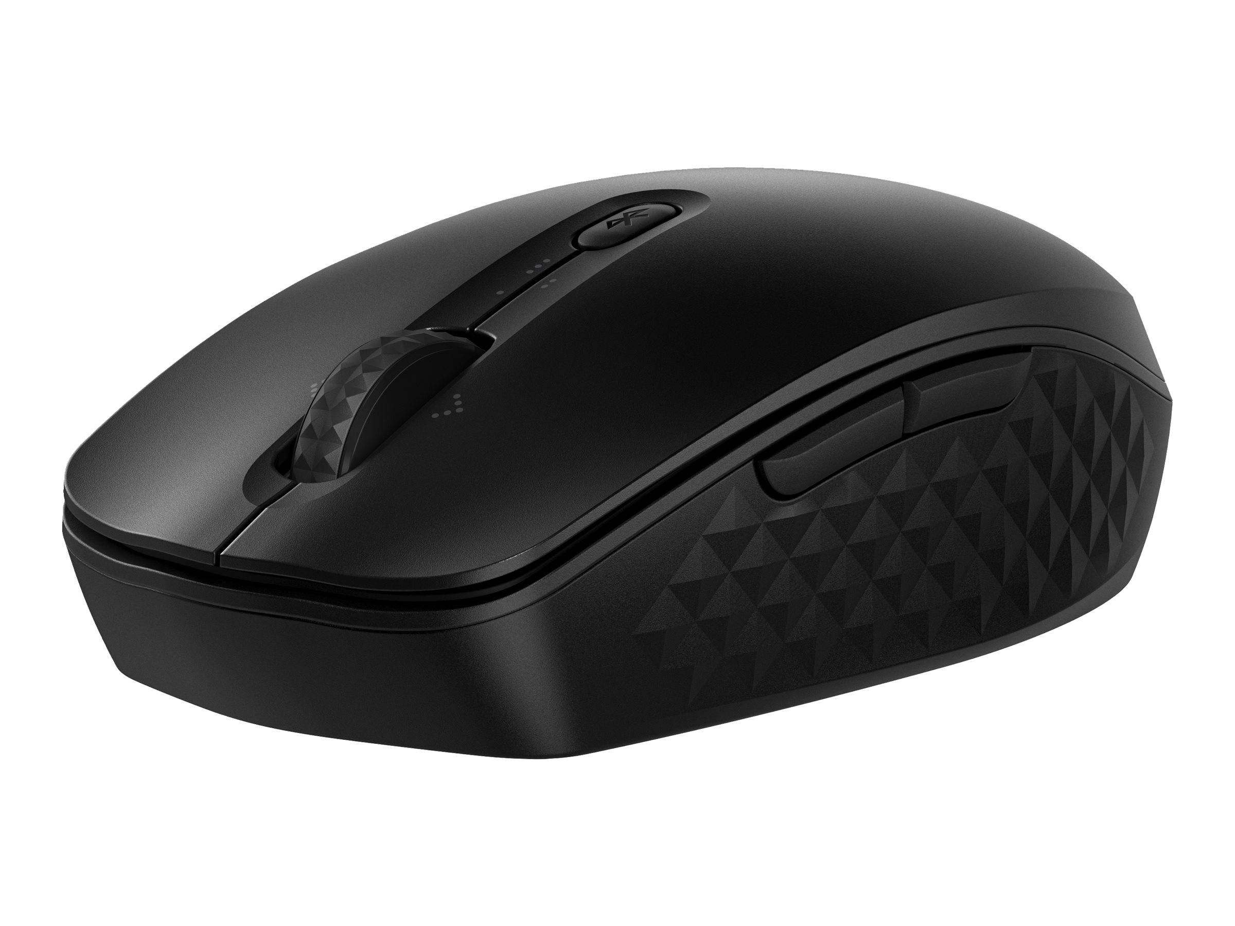Eine schwarze kabellose Computermaus mit seitlichen Tasten und einem Scrollrad. Sie verfügt über einen strukturierten Griff an der Seite.