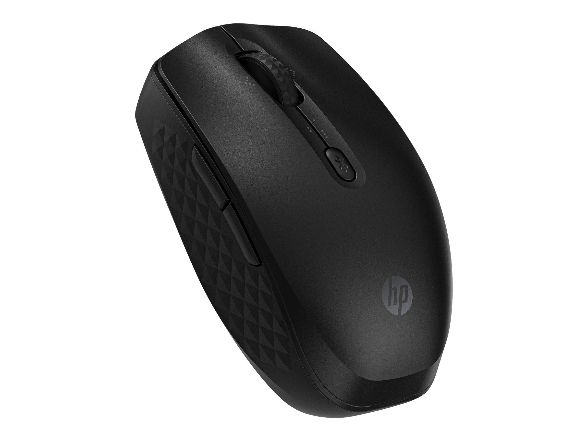 Eine schwarze kabellose Computer-Maus mit dem HP-Logo, ausgestattet mit einem Scrollrad und Tasten, ergonomisch gestaltet für komfortable Nutzung.