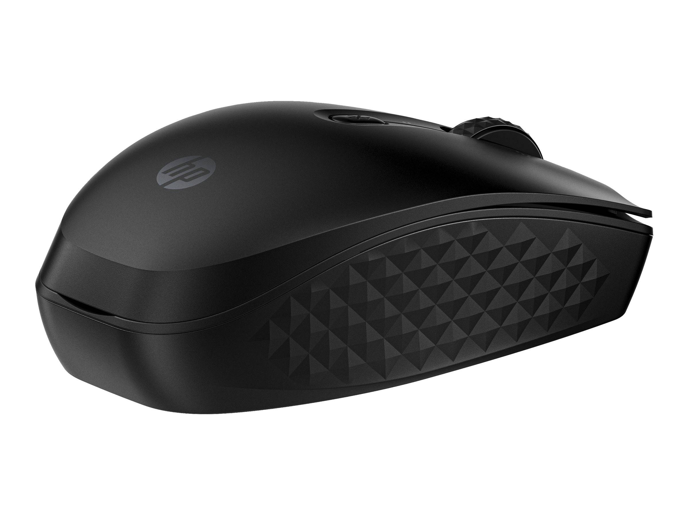 Eine schwarze drahtlose Computer-Maus mit strukturiertem Griff und Scrollrad, mit einem Logo auf der Oberseite.