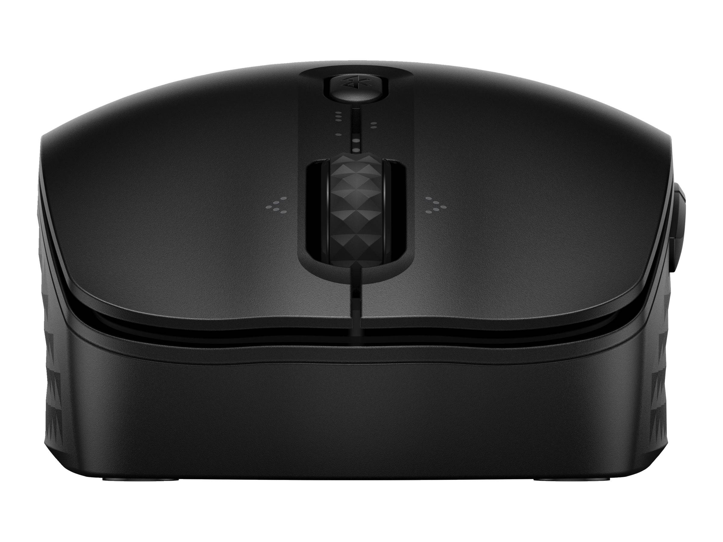 Eine schwarze kabellose Computermaus mit einer strukturierten Scrollrad und elegantem Design, von einem Winkel aus gezeigt, der ihre ergonomische Form betont.