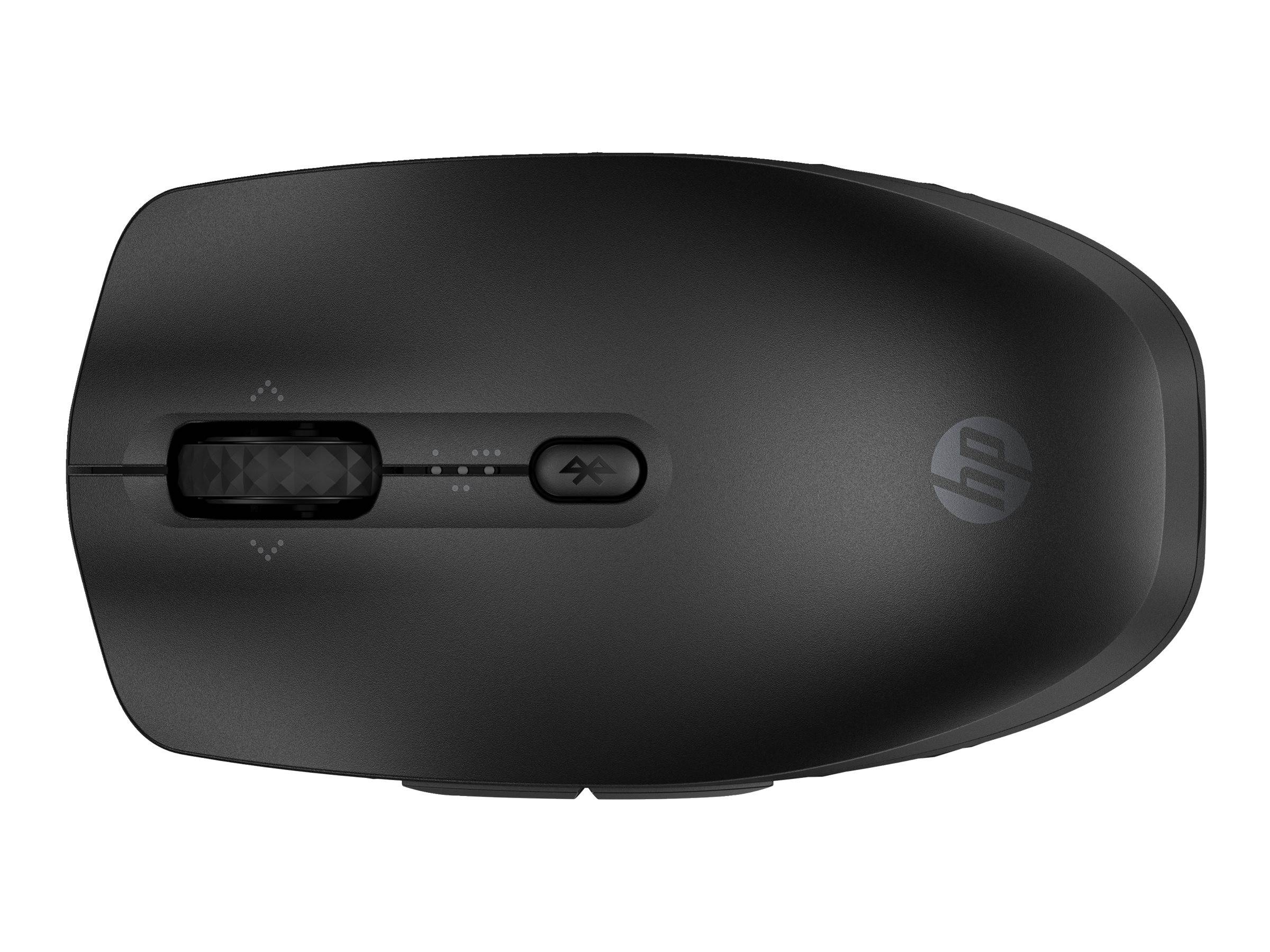 Eine schwarze Computermaus mit Scrollrad und DPI-Einstellungsknopf, mit einem Logo an der Seite.