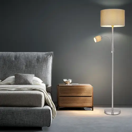 Deckenfluter mit Leselampe Stehlampe Wohnzimmer, Textil grau, 2 Schalter mit beweglicher Leseleuchte, 1x E27 1x E14, DxH 40 x 170 cm Deckenfluter mit Leselampe Stehlampe Wohnzimmer, Textil grau, 2 Schalter mit beweglicher Leseleuchte, 1x E27 1x E14, DxH 40 x 170 cm