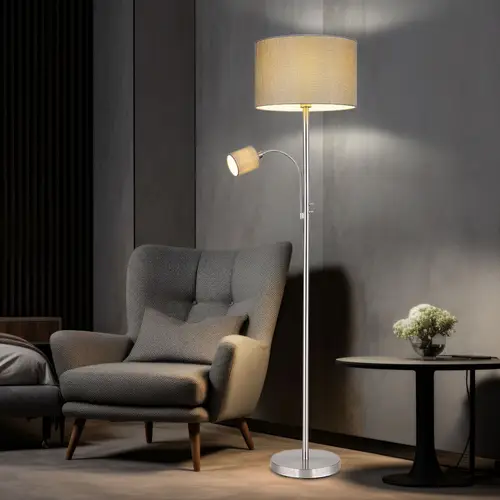 Deckenfluter mit Leselampe Stehlampe Wohnzimmer, Textil grau, 2 Schalter mit beweglicher Leseleuchte, 1x E27 1x E14, DxH 40 x 170 cm Deckenfluter mit Leselampe Stehlampe Wohnzimmer, Textil grau, 2 Schalter mit beweglicher Leseleuchte, 1x E27 1x E14, DxH 40 x 170 cm