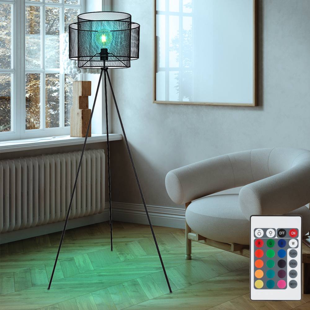 Stehlampe Stativleuchte Metall Stehleuchte schwarz Deckenfluter rund Käfig Wohnzimmer, dimmbar Fernbedienung, 1x RGB LED 8,5W 806Lm, DxH 60x150 cm