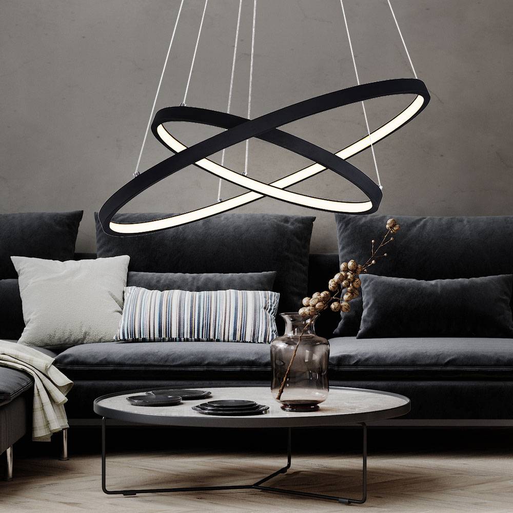 Pendelleuchte Ringe Decken Pendelleuchte Wohnzimmer Lampen schwarz-matt LED, Memoryfunktion Dimmbar, 1x LED 42W 1300Lm, DxH 51x120 cm