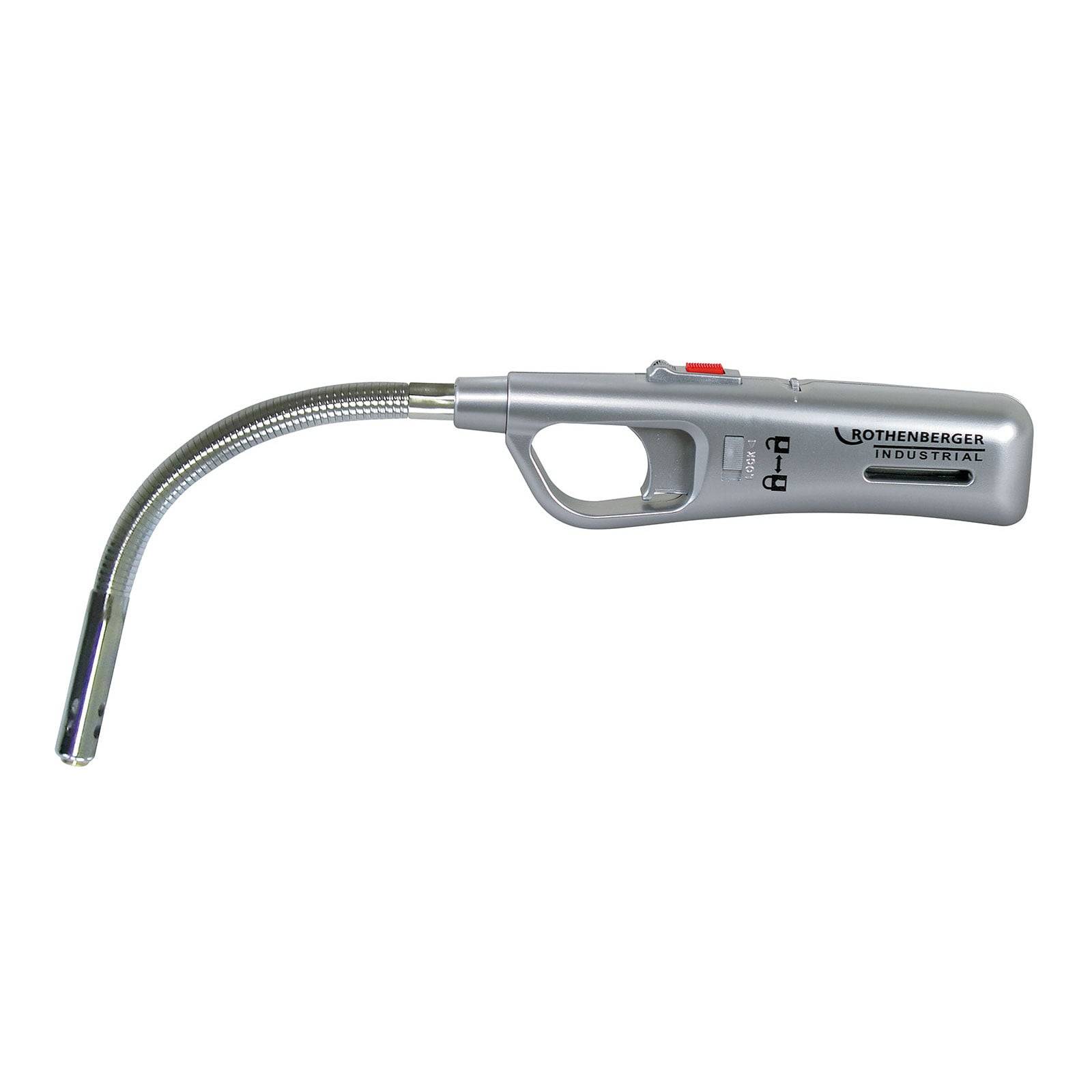 Rothenberger Industrial' Gasbrenner mit silbernem Griff und flexiblem Hals, verwendet für die Zündung an schwer zugänglichen Stellen.