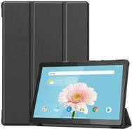 Ein Tablet mit einem Startbildschirm, der eine Blumentapete, verschiedene App-Symbole und eine teilweise offene schwarze Schutzhülle anzeigt.